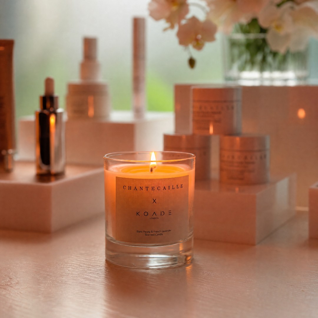 Chantecaille x Koide candle on a table with skincare products and flowers in the background