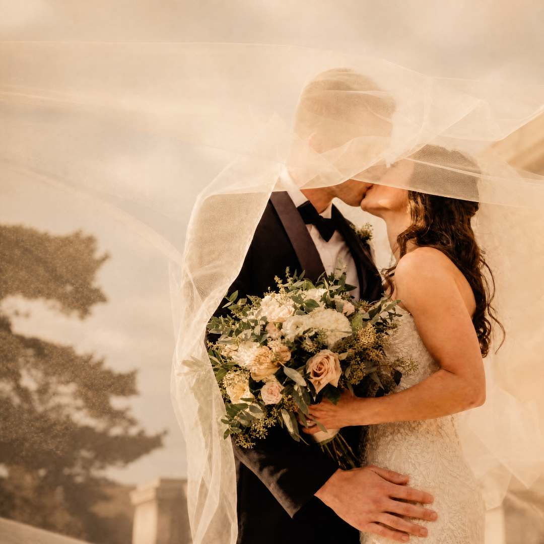 Couple sharing a kiss under a veil with a bouquet of flowers.