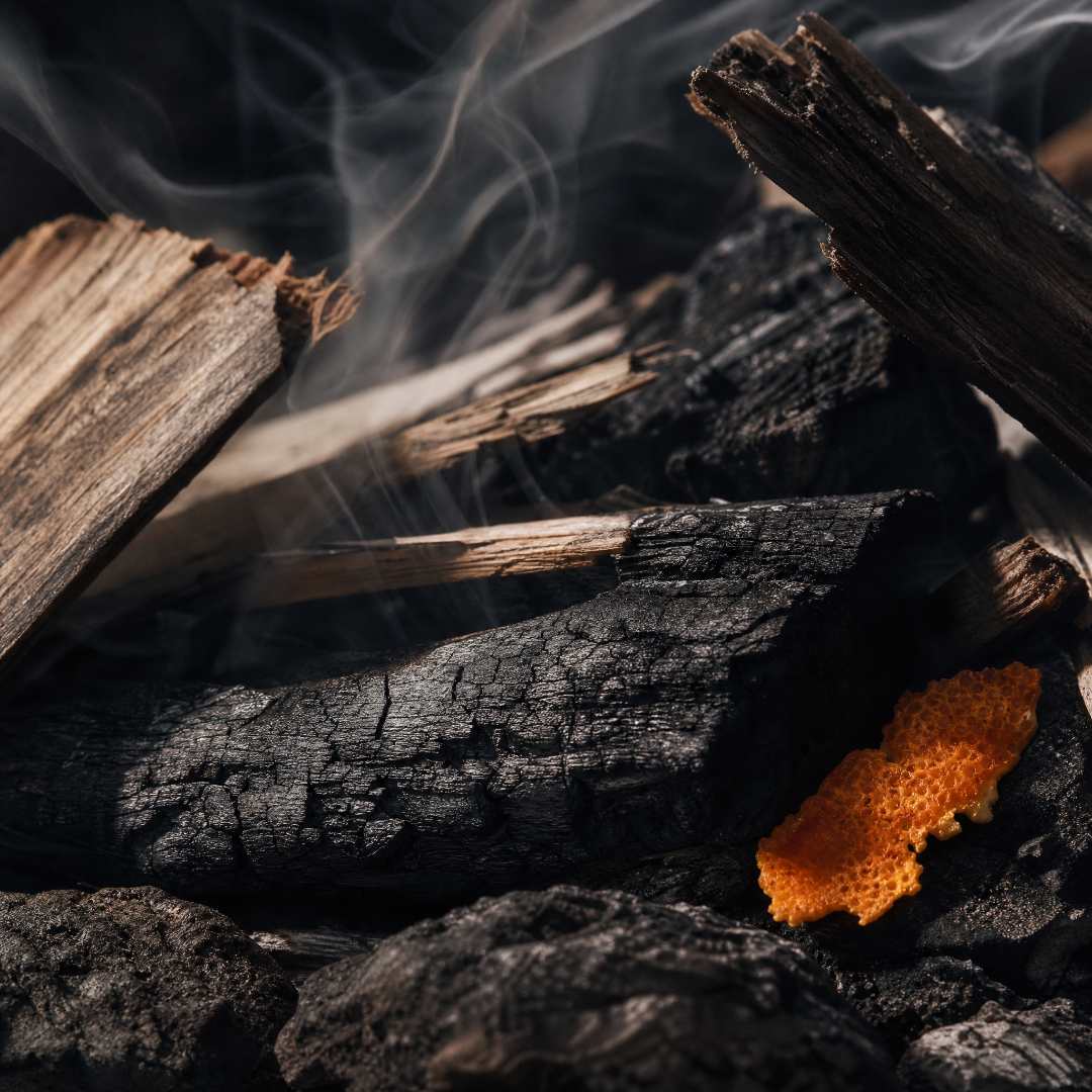 Close-up of smoldering wood and charcoal with smoke rising.