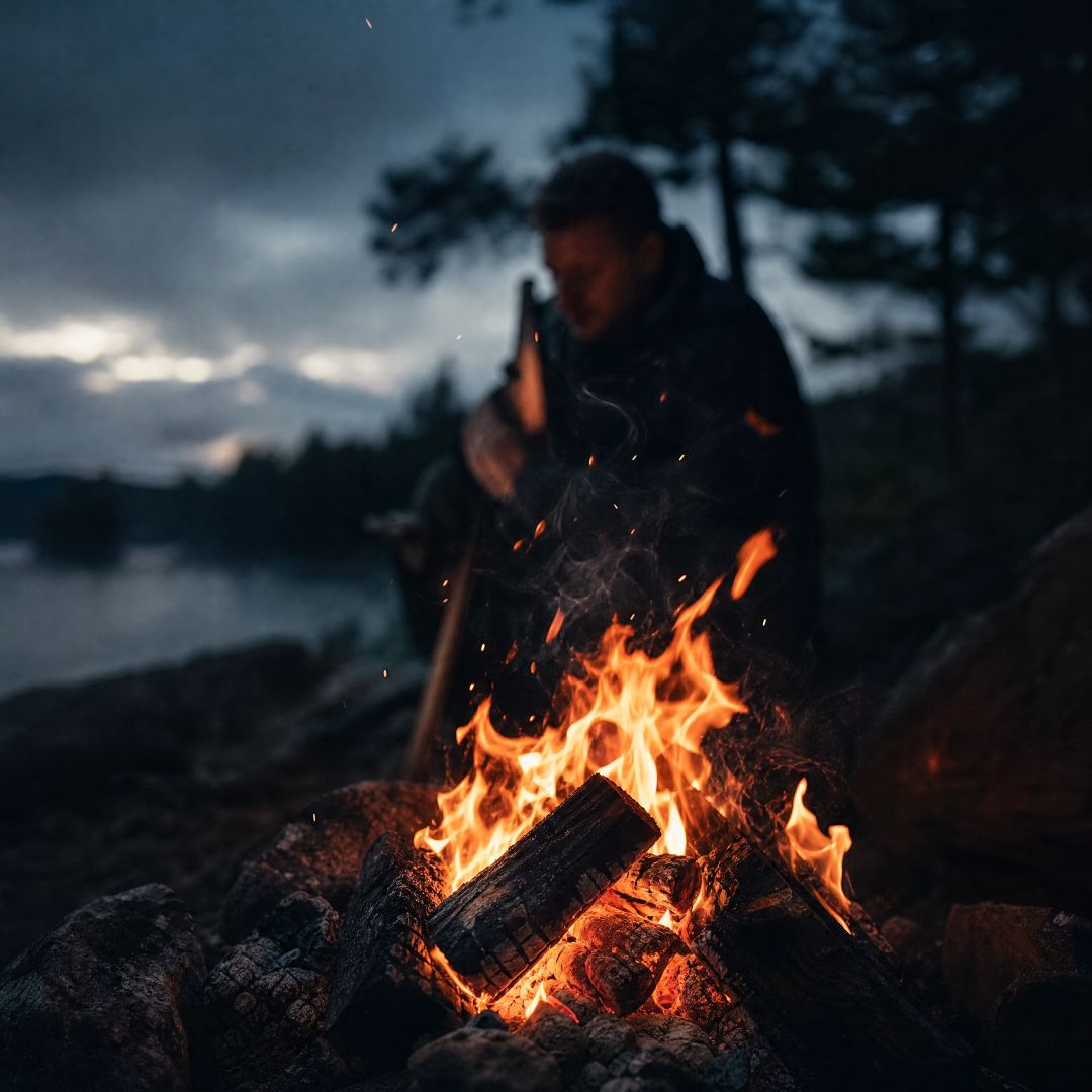Person sitting by a campfire near a body of water with a dark sky.
