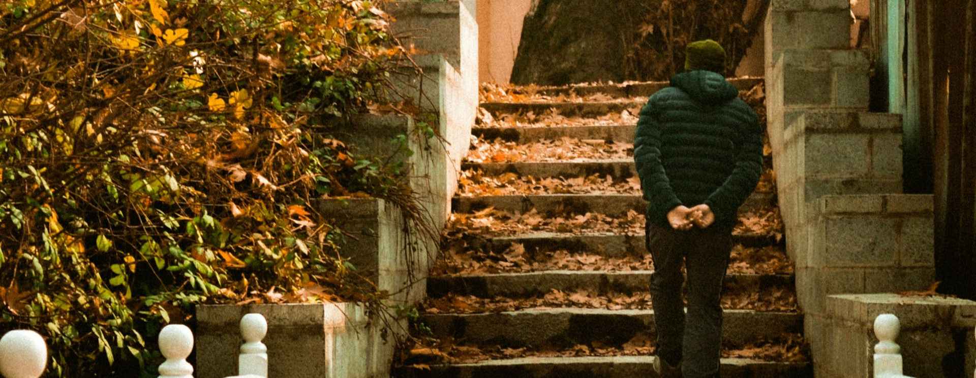Person walking up a set of stone steps in an autumnal setting
