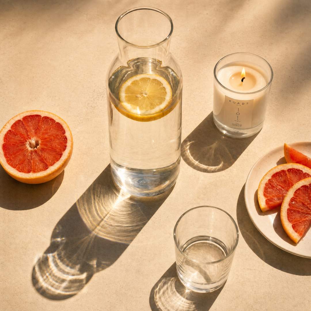Clear glass with lemon slice, glass of water, candle, and grapefruit on a beige surface