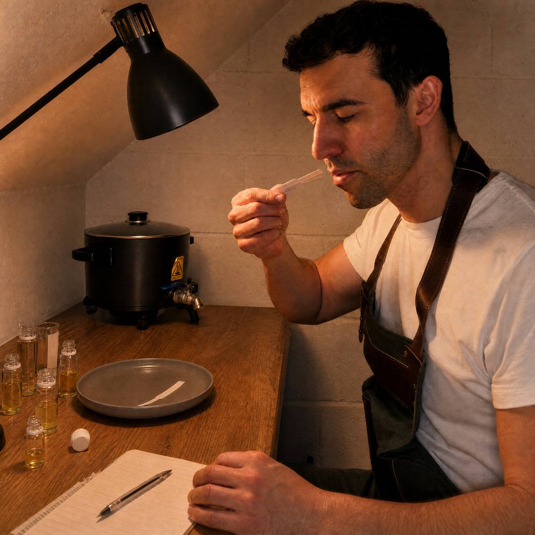 Man in a kitchen tasting something with a spoon, wearing an apron.
