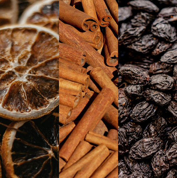 Collage of dried orange slices, cinnamon sticks, and raisins.