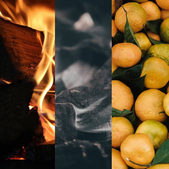 Three vertical sections: left with fire, center with ice, right with mandarins